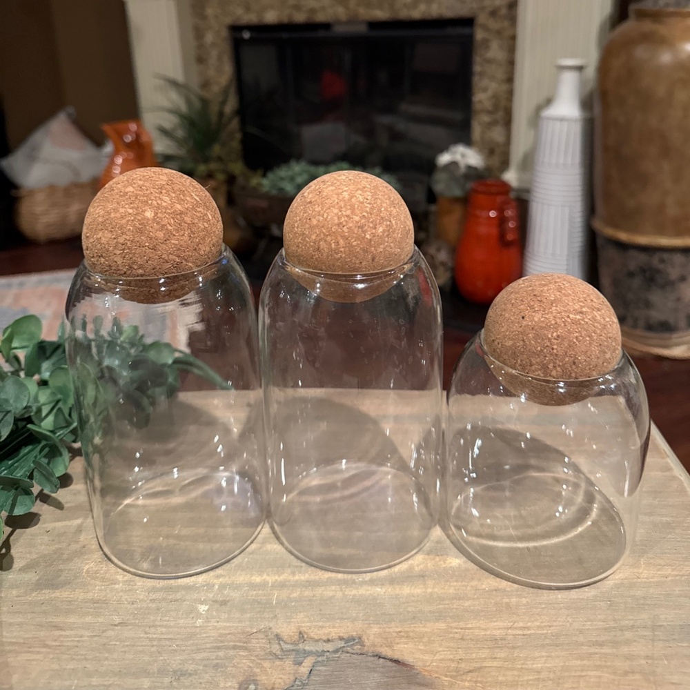 3 Glass Food Storage Jars with Ball Cork Lid, Bamboo Glass Containers